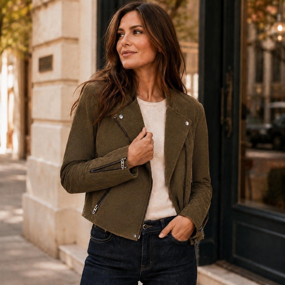 BlankNYC Olive Green Suede Moto Biker Jacket Womens Small Asymmetrical Zip